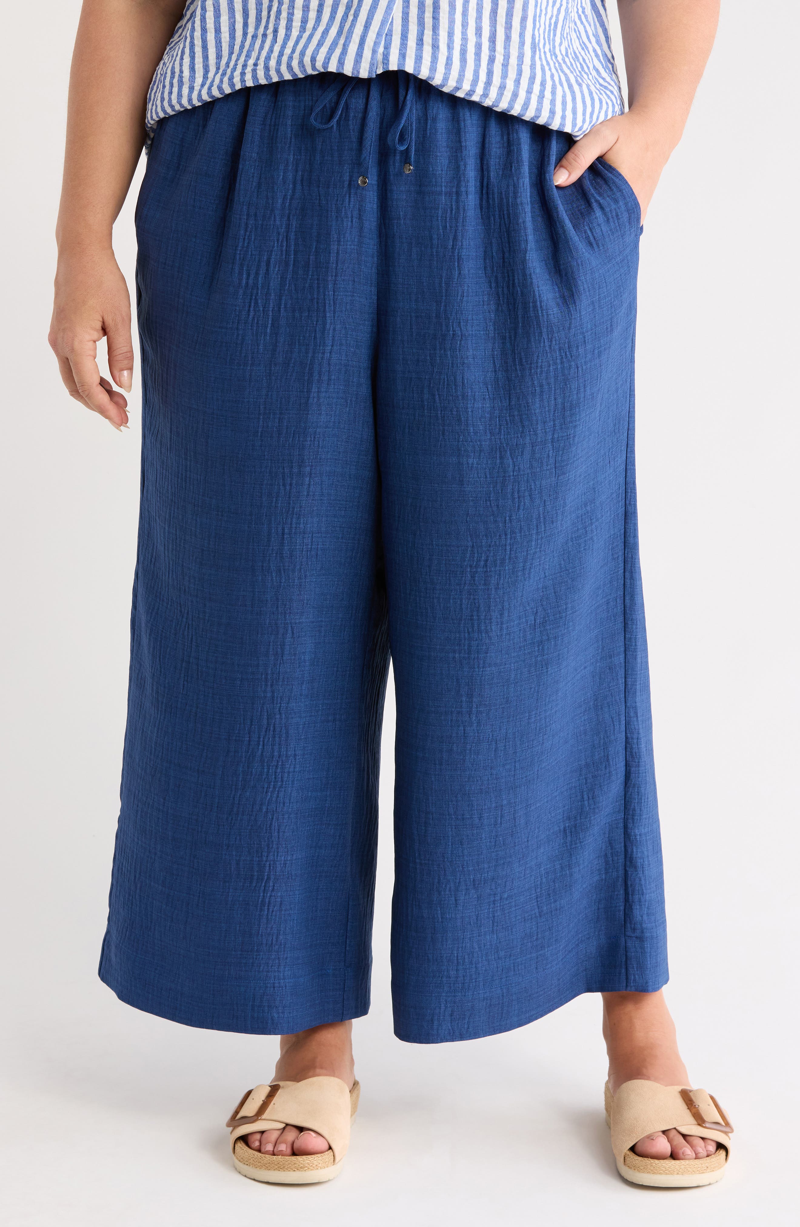 MAX STUDIO Drawstring Waist Crinkle Crop Wide Leg Pants