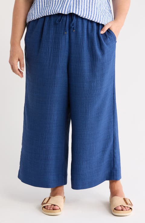 Drawstring Waist Crinkle Crop Wide Leg Pants (Plus)