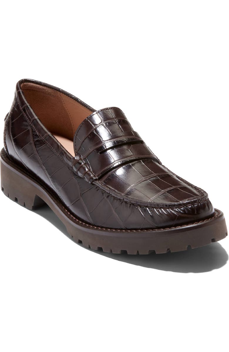 Cole Haan Treena Lug Penny Loafer, Main, color, Dark Chocolate Croc Print