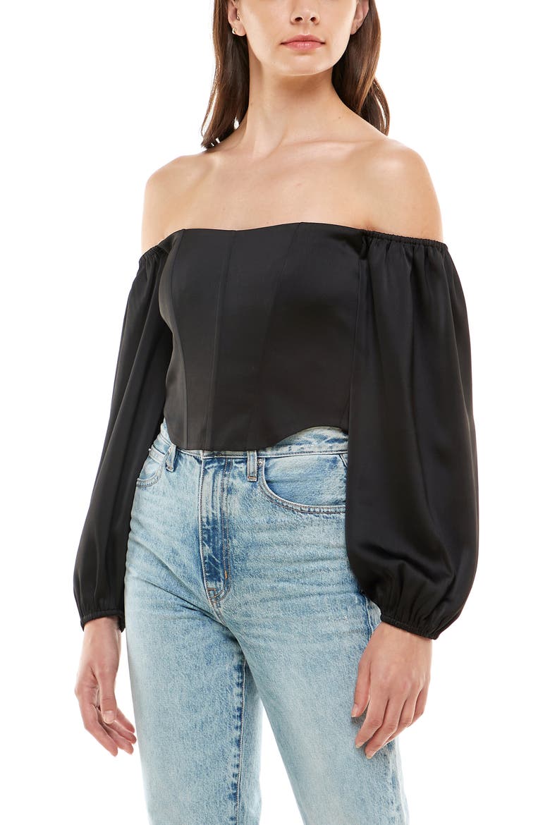 Nightcap Off the Shoulder Bustier Top, Alternate, color, BLACK