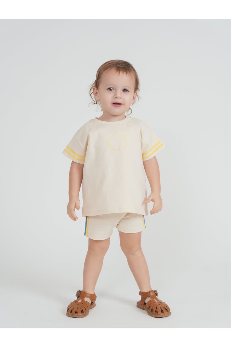 Boy Contrast Stripe Shoulder Snap Top and Elastic Waist Shorts Set, Alternate, color, Natural