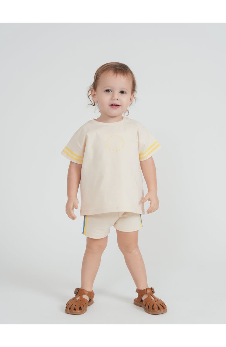 Hopscotch Boy Contrast Stripe Shoulder Snap Top and Elastic Waist Shorts Set, Alternate, color, Natural