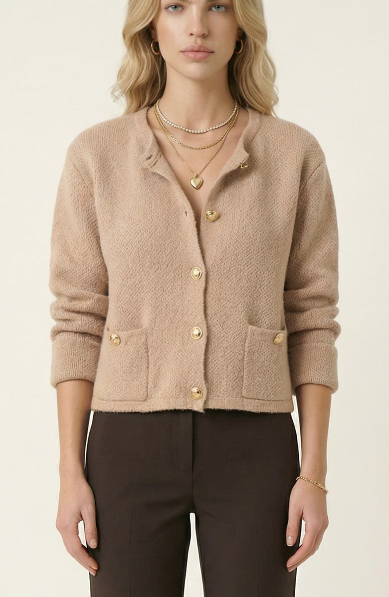 Modenaire Textured Knit Gold Button-Front Patch-Pocket Cardigan, Main, color, Beige