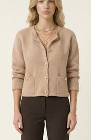 Modenaire Textured Knit Gold Button-Front Patch-Pocket Cardigan