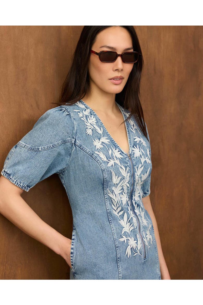 Embroidered Denim Mini Dress, Alternate, color, Blue