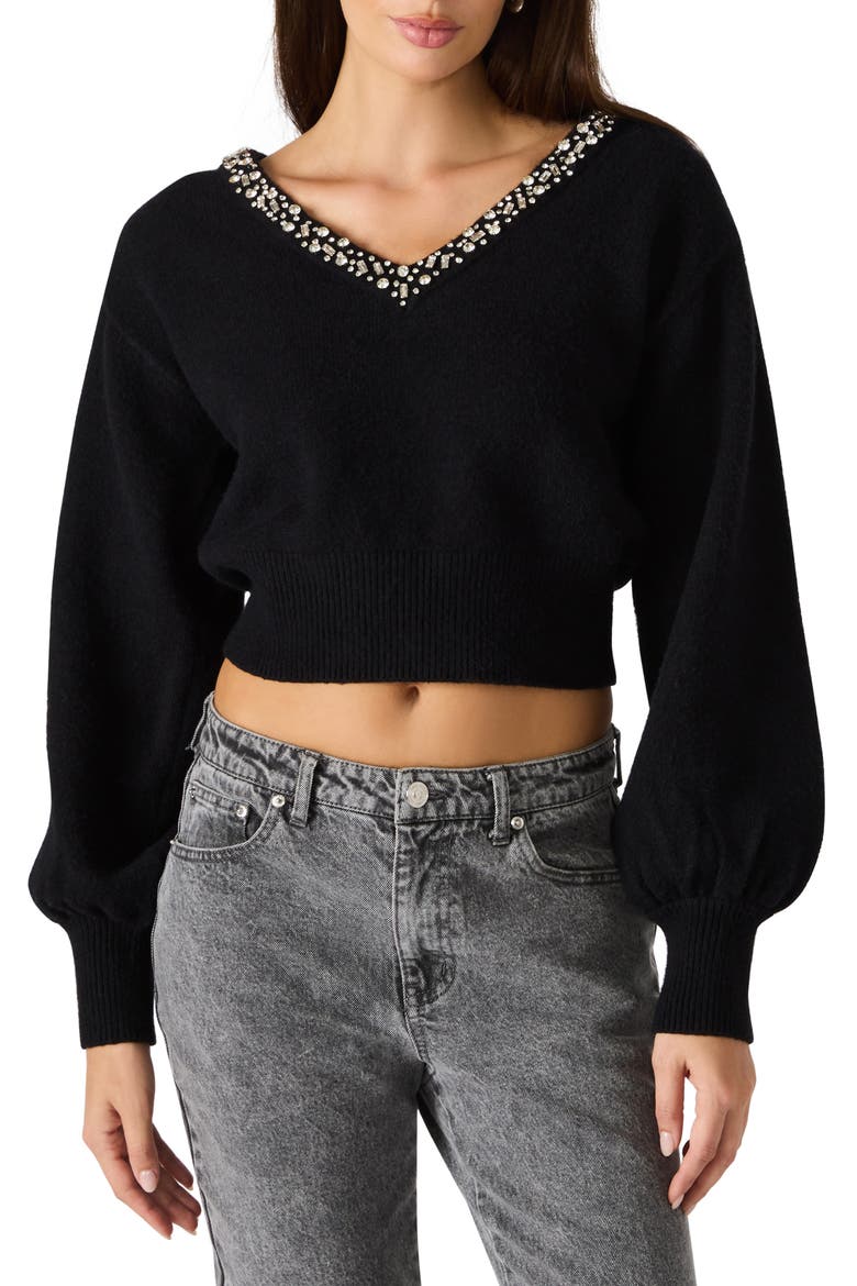 Evilyn Embellished V-Neck Crop Sweater, Main, color, BLACK