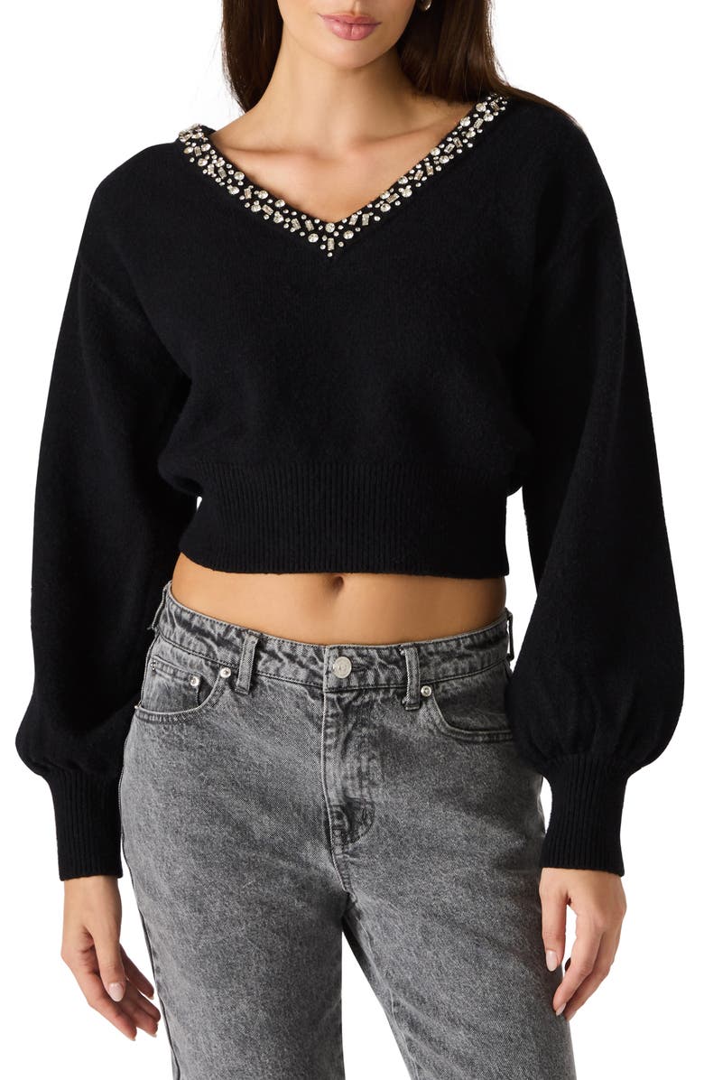 Steve Madden Evilyn Embellished V-Neck Crop Sweater, Main, color, Black
