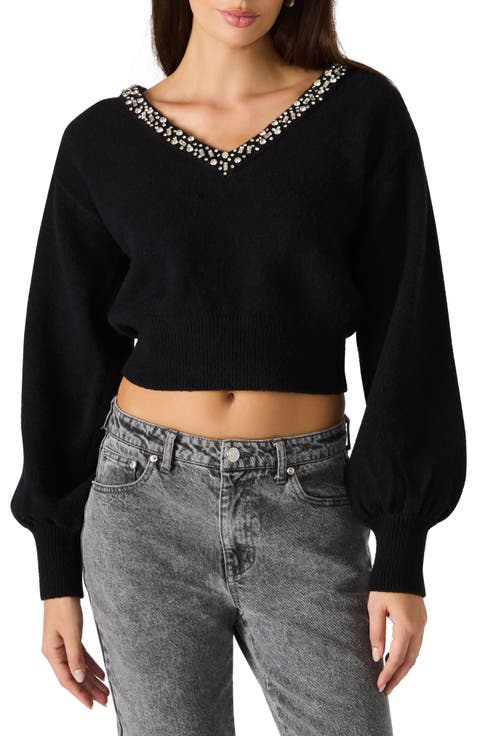 Evilyn Embellished V-Neck Crop Sweater