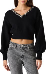 Steve Madden Evilyn Embellished V-Neck Crop Sweater