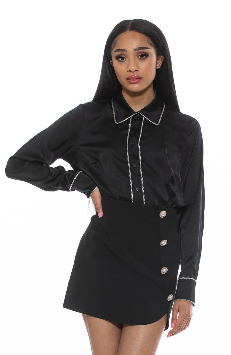 Alexia Admor Rachel Rhinestone Trim Satin Button-Up Blouse, Alternate, color, 