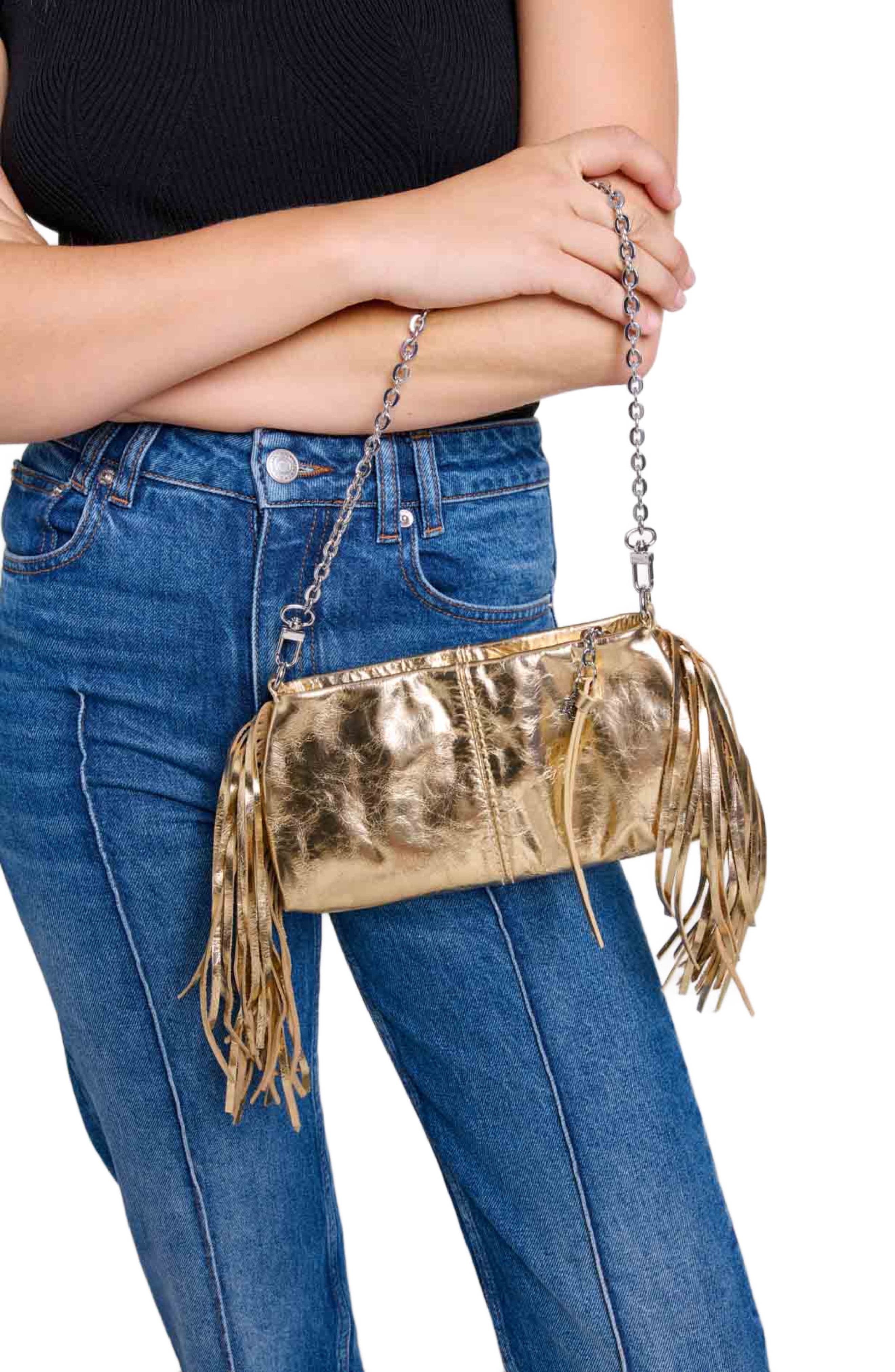 maje Metallic leather Miss M clutch bag, Alternate, color, Gold