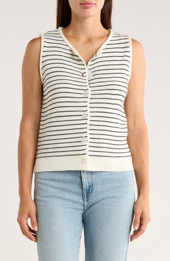 Bobeau Stripe Button-up Sweater Vest In Neutral
