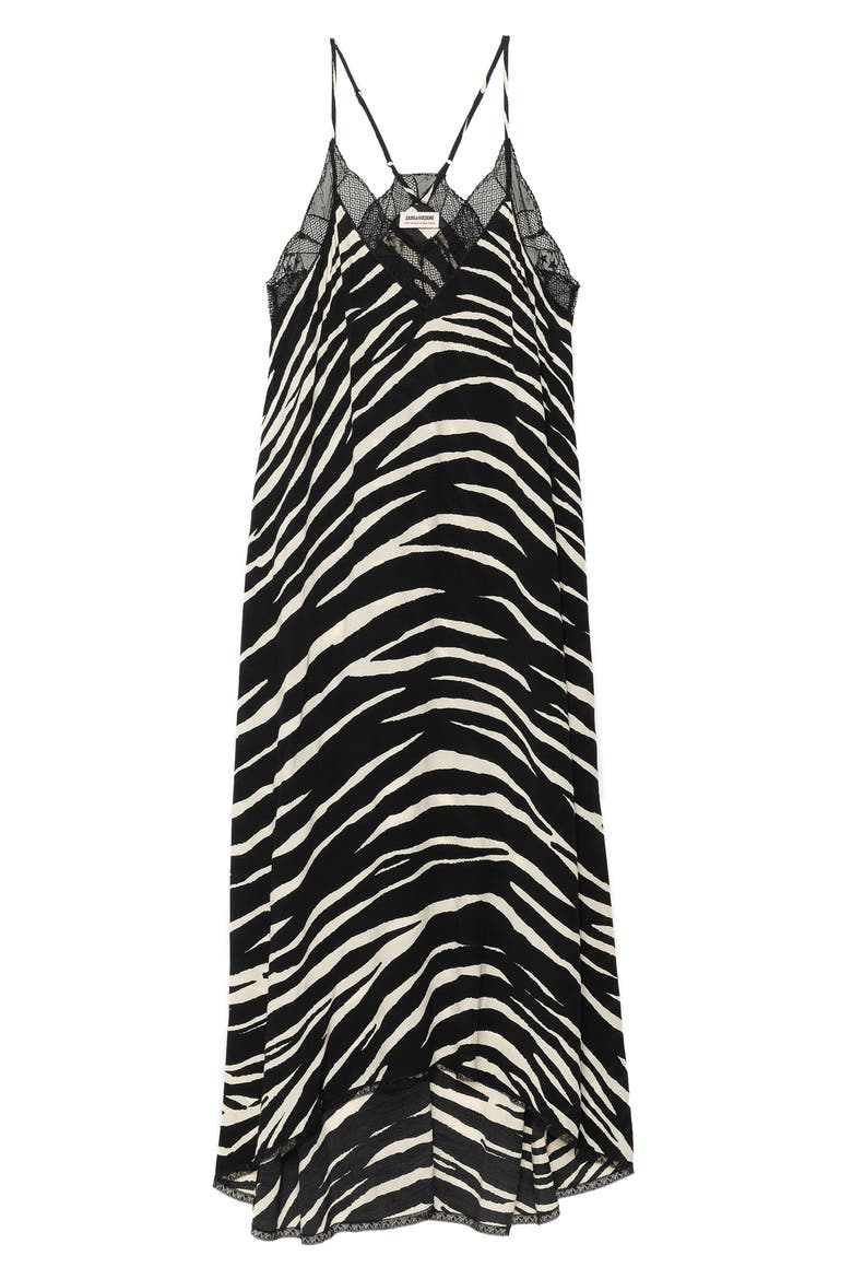 Risty Zebra Print Lace Trim Slipdress, Alternate, color, BLACK