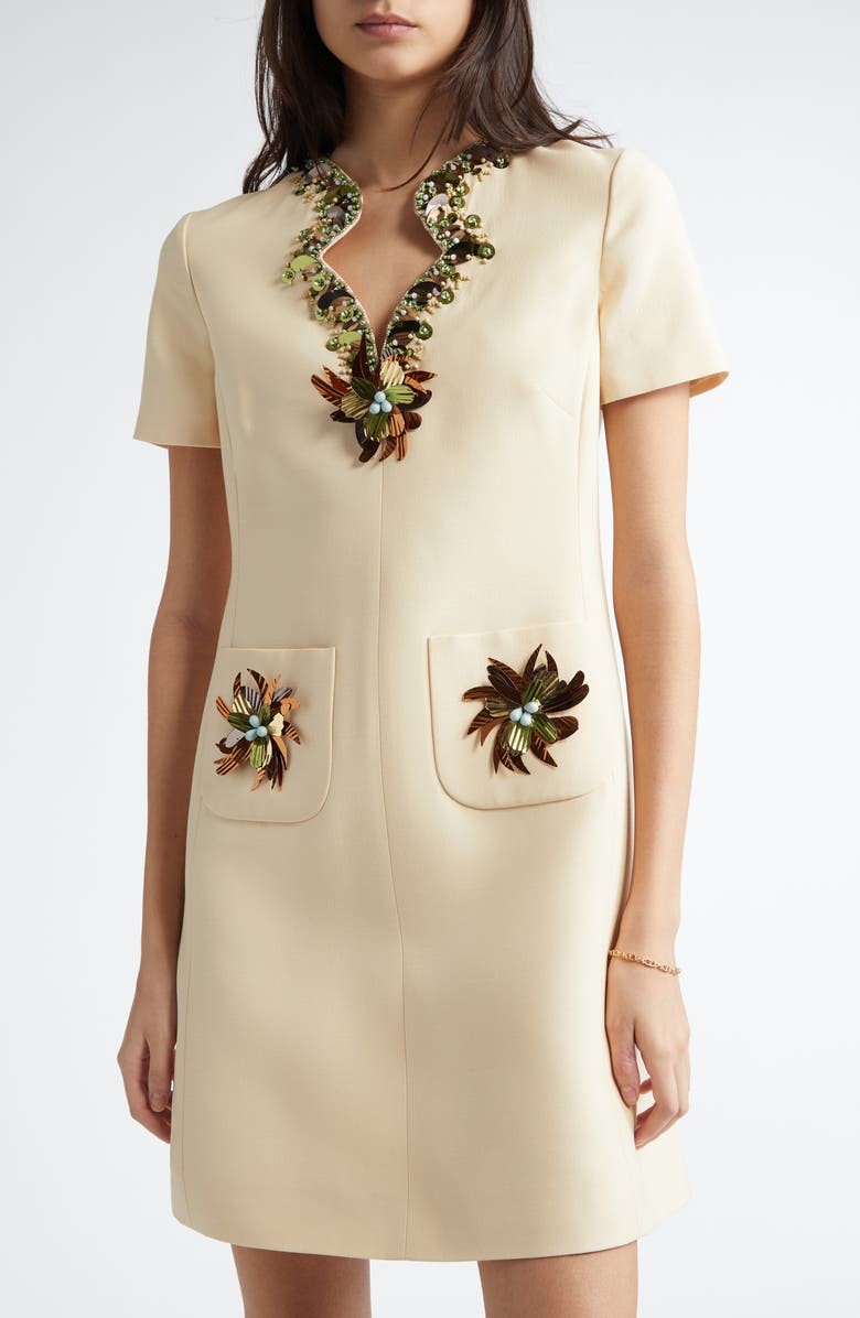 Valentino Garavani Embellished Crepe Couture Shift Minidress, Alternate, color, Ivory Multi
