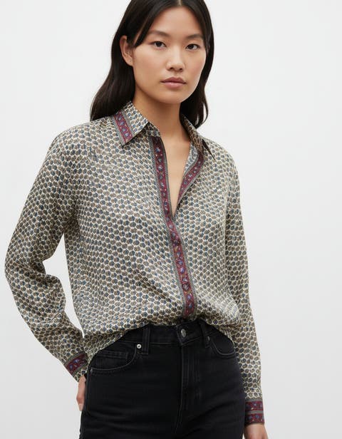 Embossed Botanical Long Sleeve Crepe Shirt