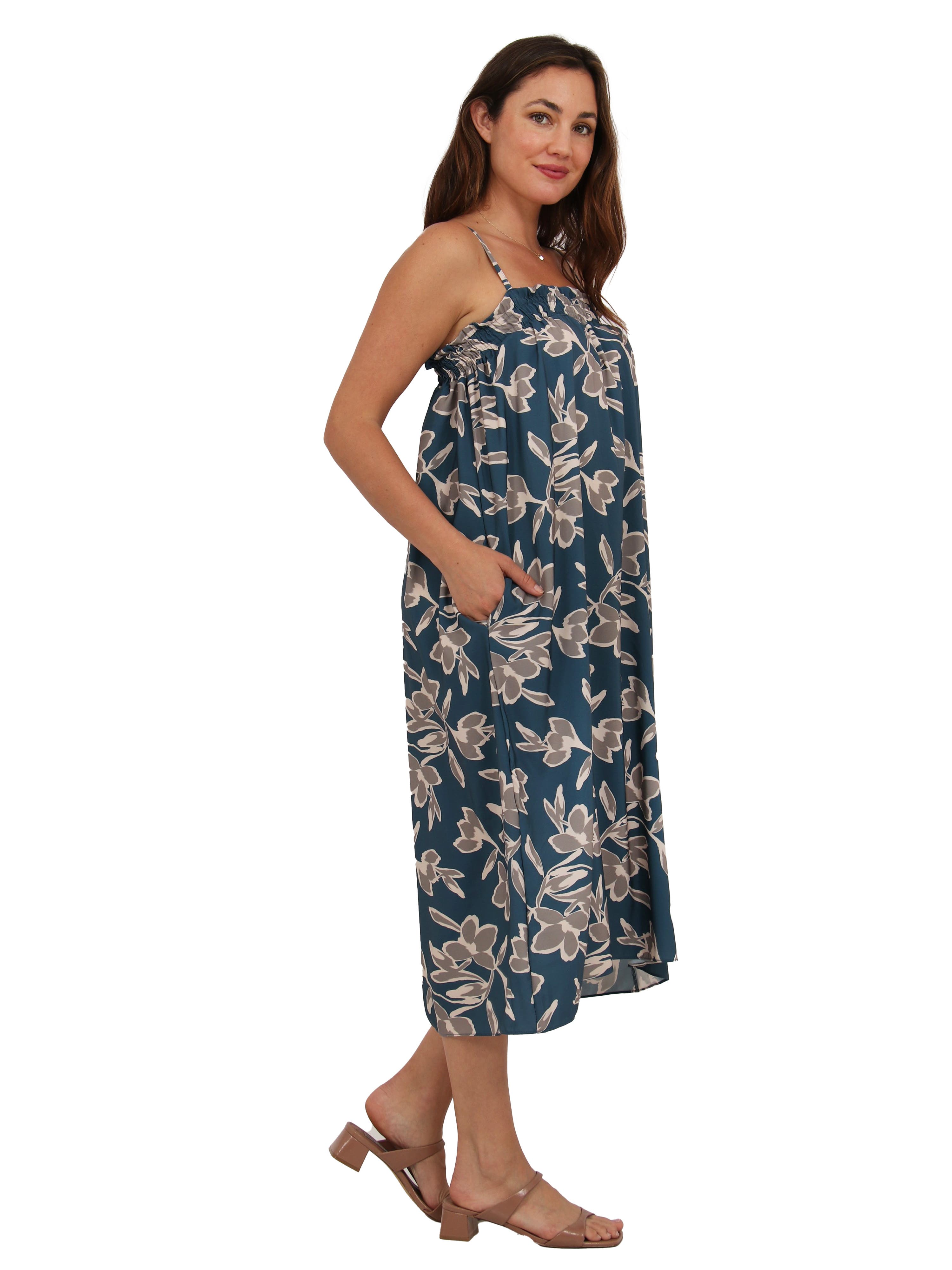 Womens Essential Floral Print Spaghetti Strap Smocked Pocket A-Line Maxi Dress - image 2