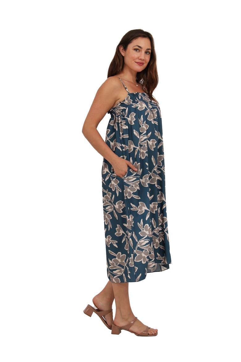Womens Essential Floral Print Spaghetti Strap Smocked Pocket A-Line Maxi Dress, Alternate, color, Blue Multi