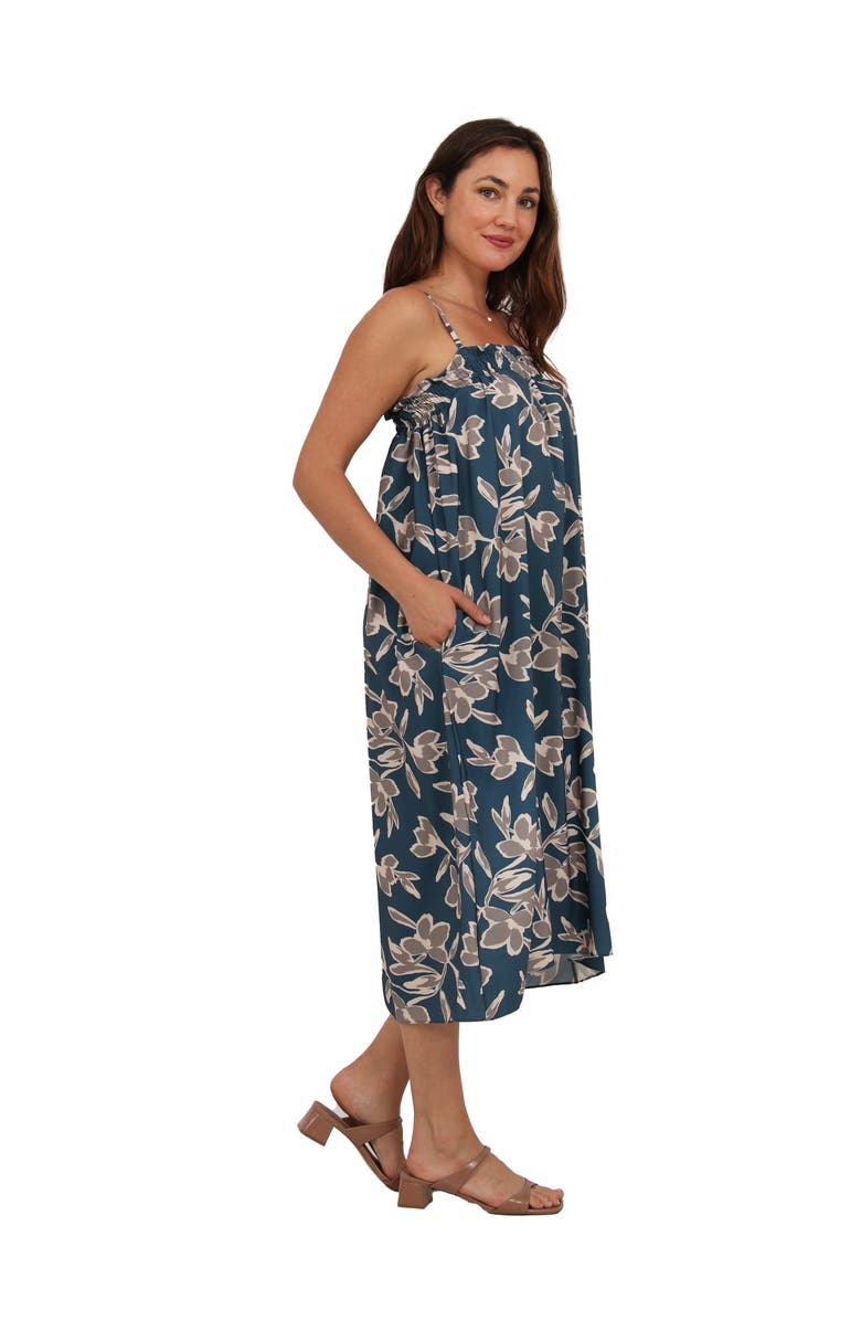 24seven Comfort Apparel Womens Essential Floral Print Spaghetti Strap Smocked Pocket A-Line Maxi Dress, Alternate, color, Blue Multi