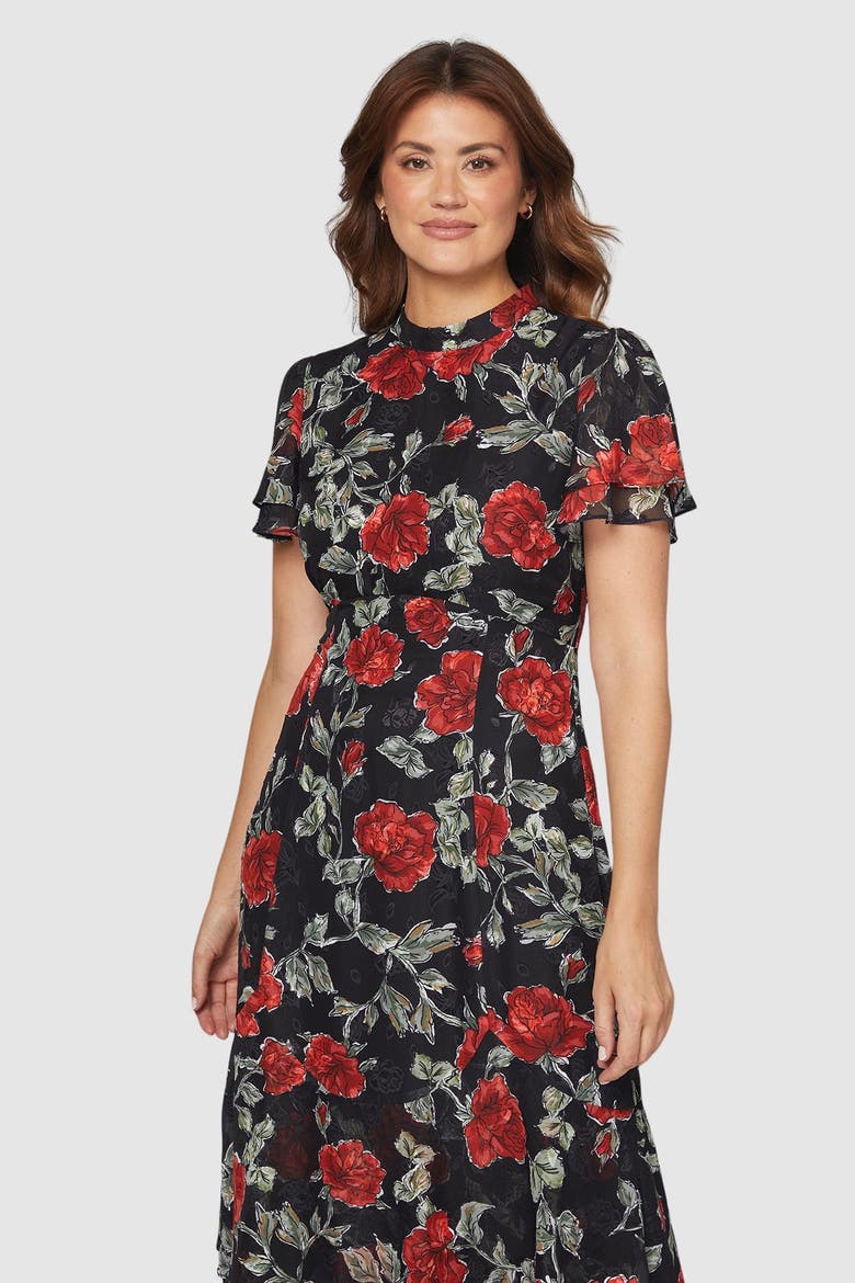 Floral Burn Out Ruffle Midi Dress, Alternate, color, Black