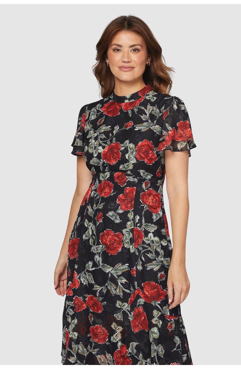 Wallis Floral Burn Out Ruffle Midi Dress, Alternate, color, Black