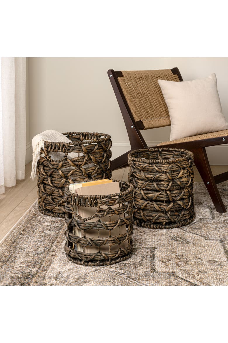 Lattice Bohemian Coastal Handwoven Water Hyacinth Rope Nesting Baskets with Handles, Alternate, color, Brown