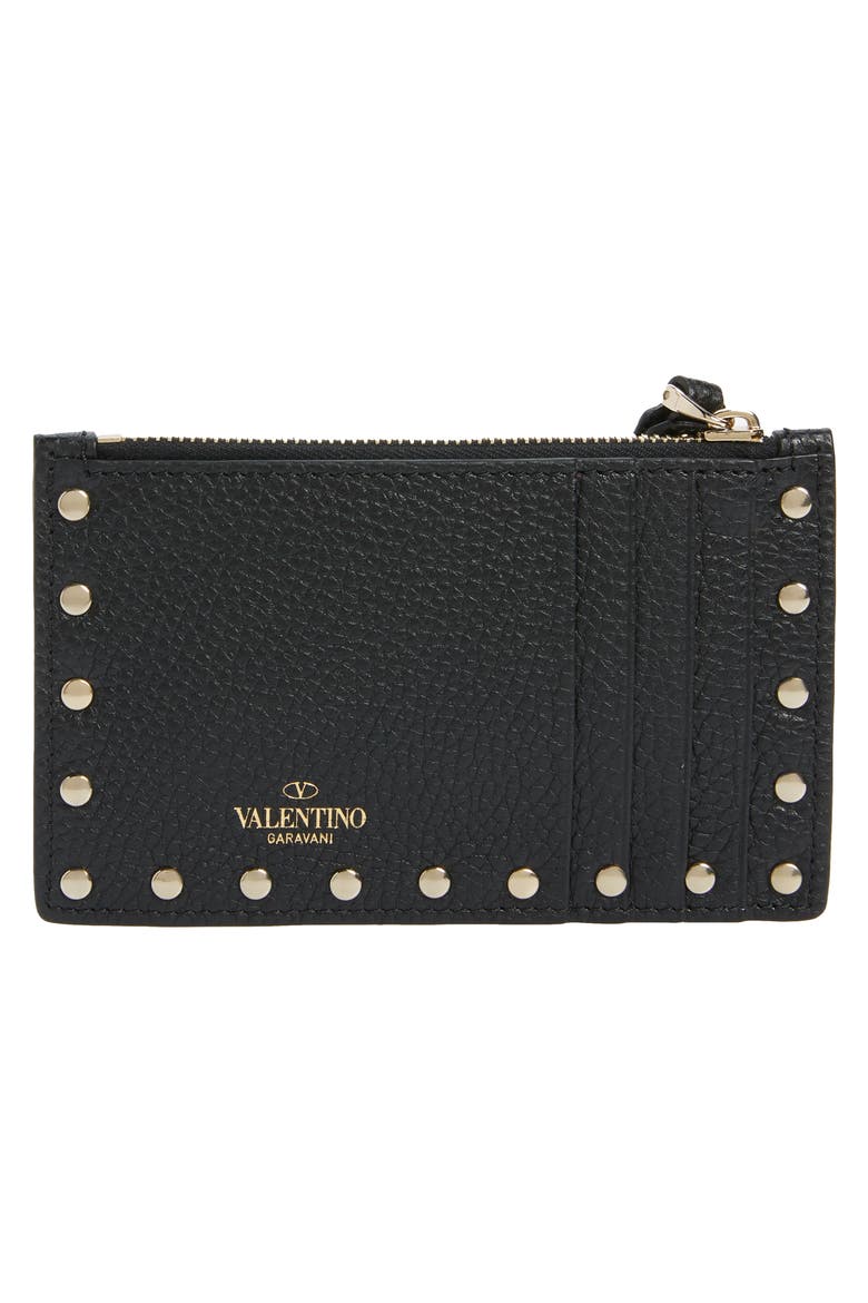 Rockstud Leather Zip Card Case, Alternate, color, NERO
