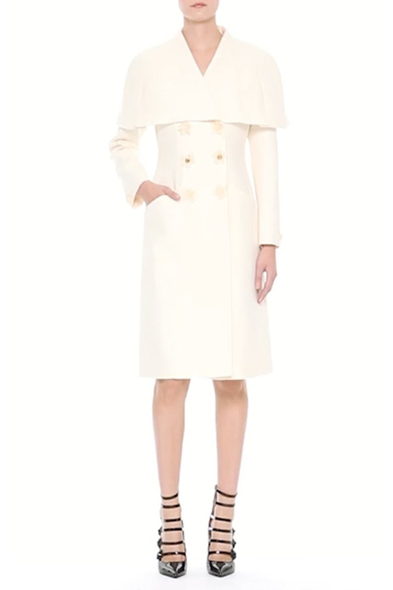 Floral & Crystal Embellished Wool & Silk Gazar Coat, Alternate, color, WHITE