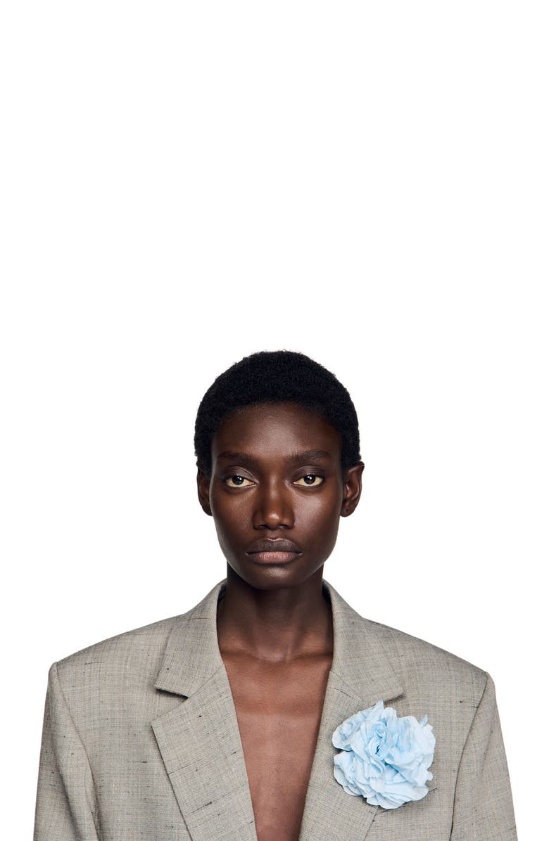 SANDRO Checked wool jacket with brooch, Alternate, color, Greige