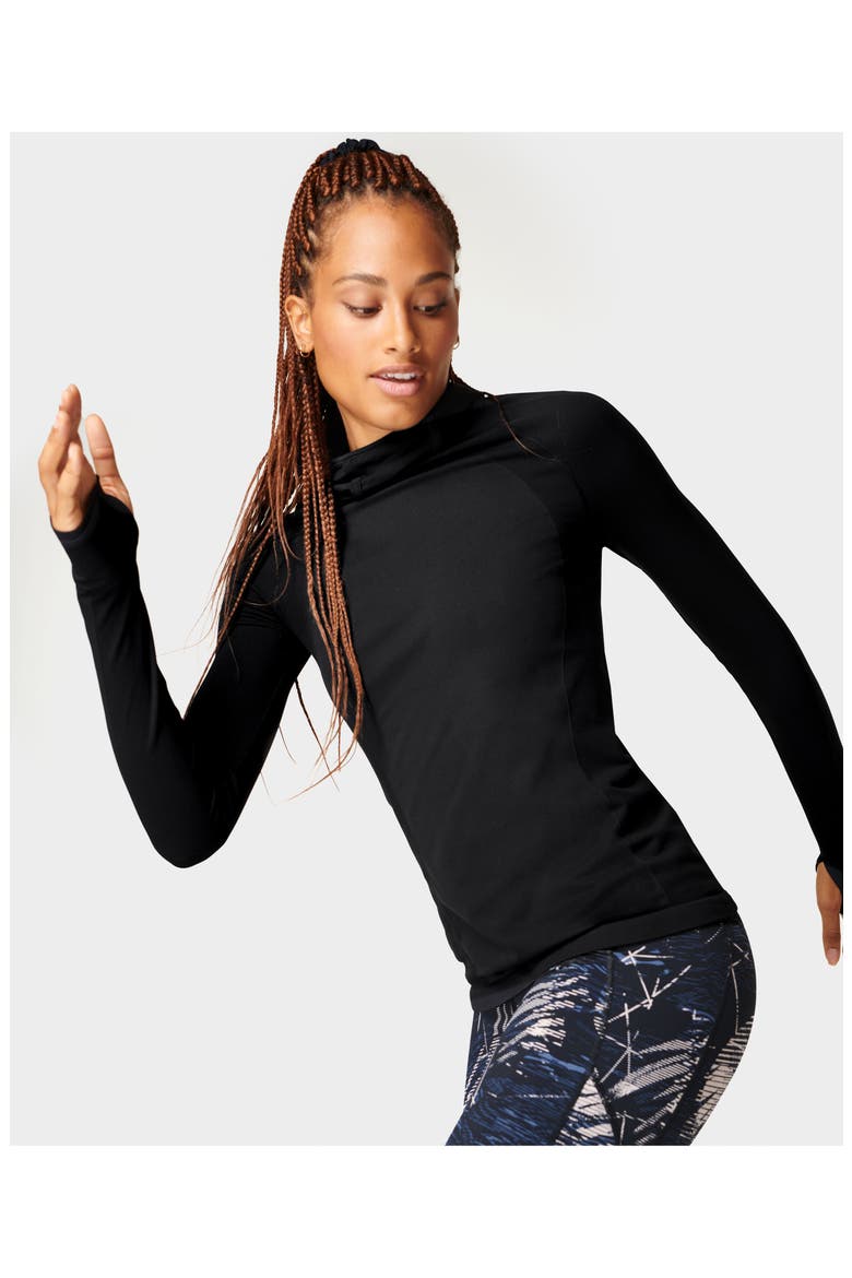 Athlete Hooded Long Sleeve Top, Alternate, color, BLACK