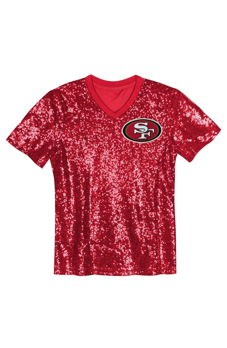 Outerstuff Girls Youth Christian McCaffrey Scarlet San Francisco 49ers Sequin V-Neck Fashion Jersey, Alternate, color, Scarlet