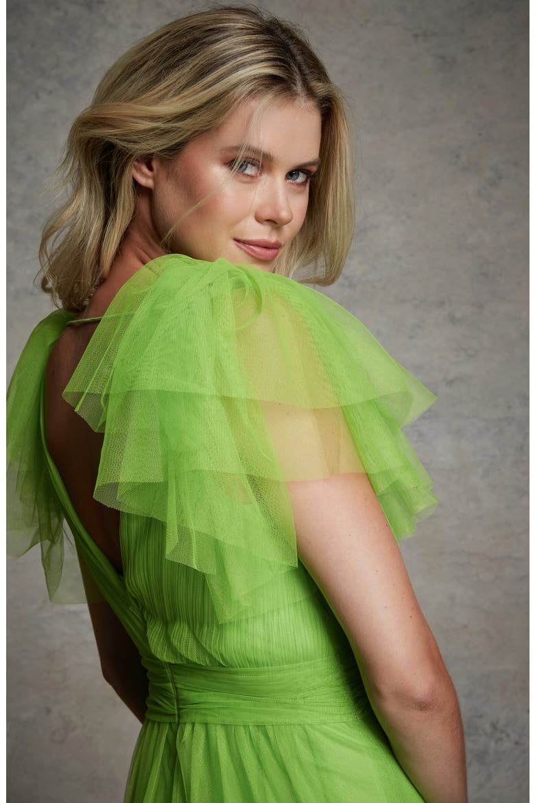 Flutter Sleeve Tiered Tulle Gown, Alternate, color, HALCYON GREEN