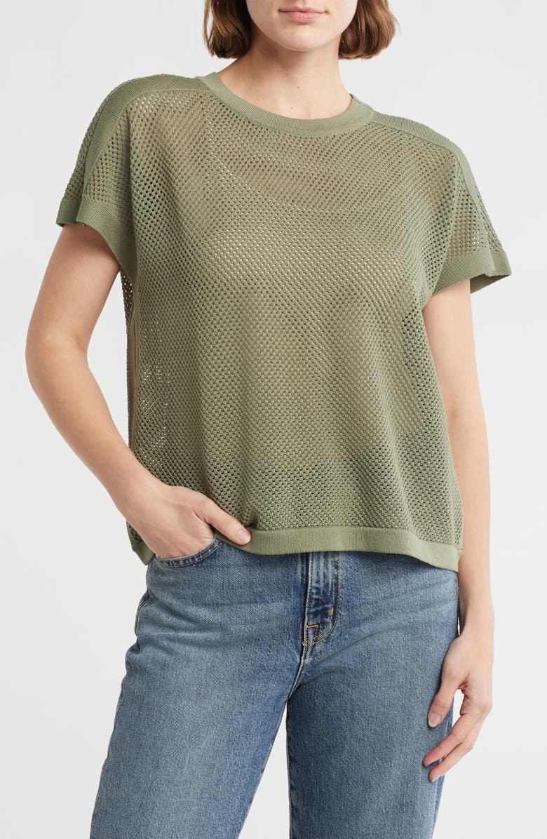 Adrianna Papell Mesh Openwork Sweater, Main, color, Oil Green