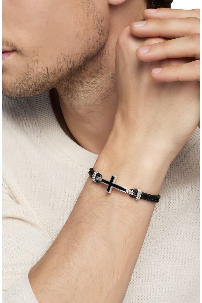 Men's Stone Cross Bracelet in Black Leather with Sterling Silver & Black Onyx, 3mm, Alternate, color, SILVER