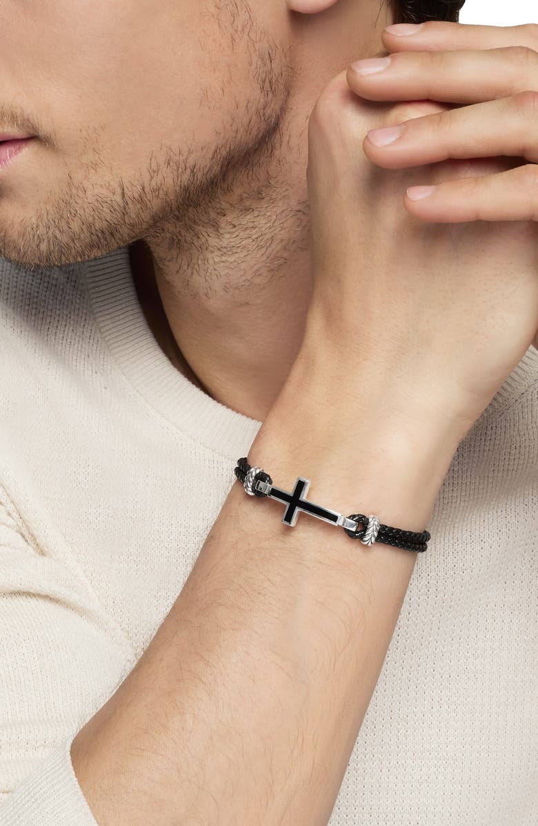 David Yurman Men's Stone Cross Bracelet in Black Leather with Sterling Silver & Black Onyx, 3mm, Alternate, color,