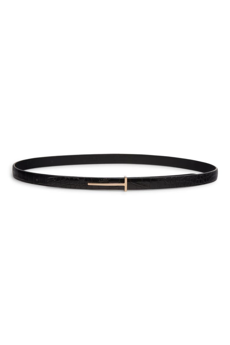 Croc Embossed Patent Leather Skinny Belt, Main, color, NAA BLACK