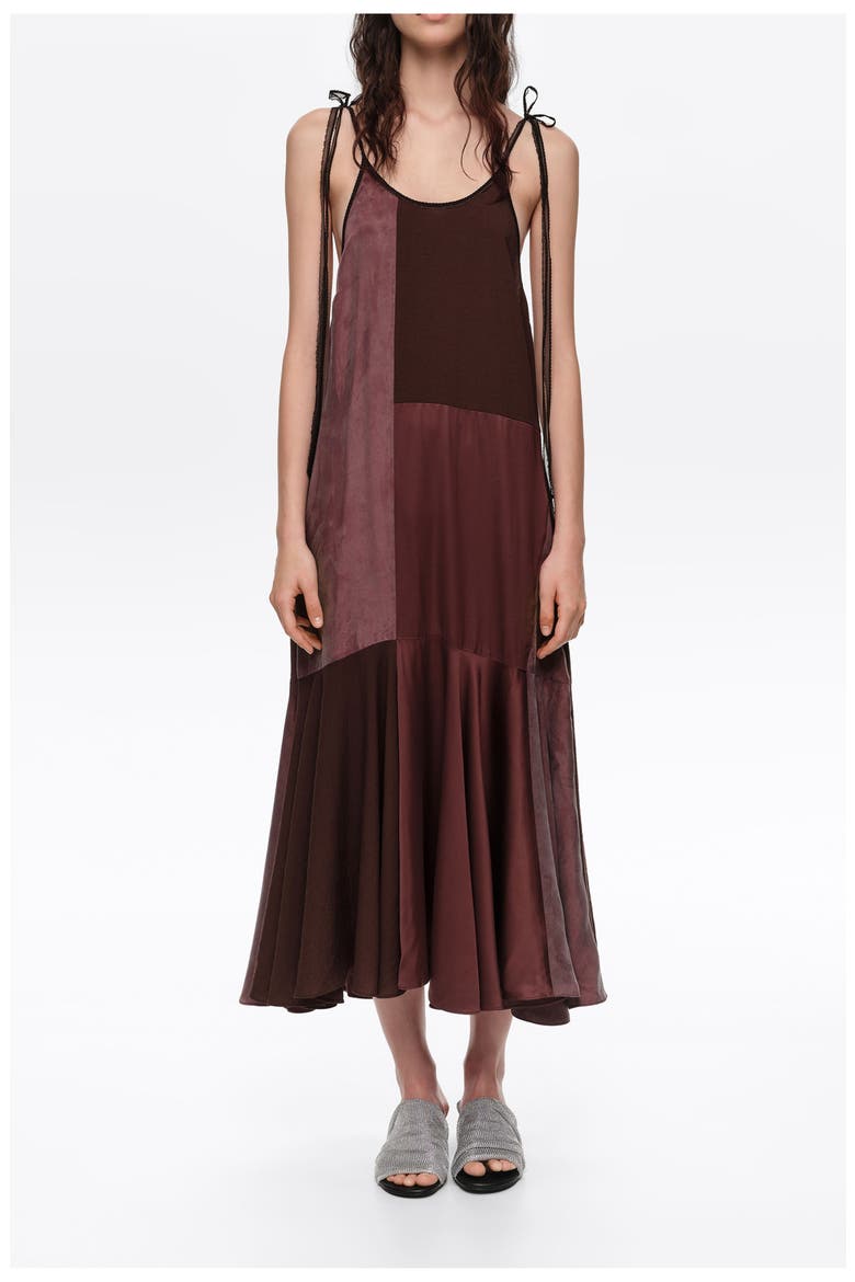 Fluid Patchwork Strappy Dress, Main, color, BROWN