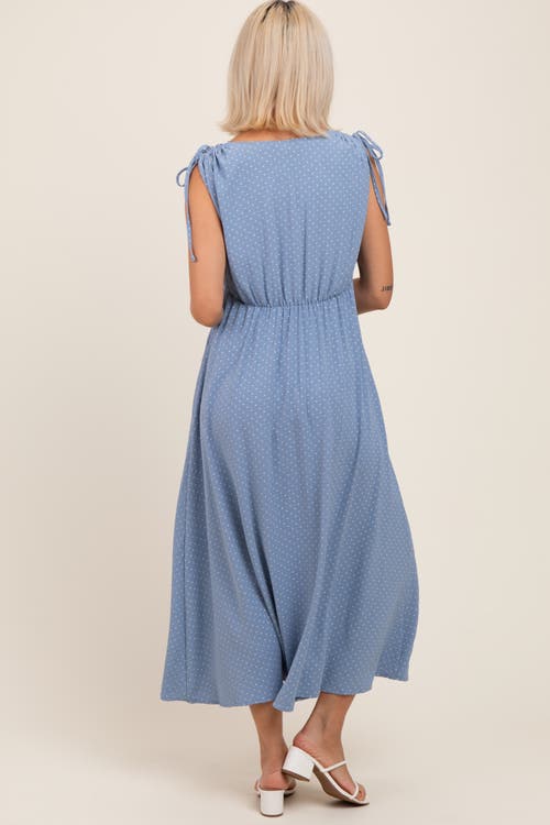 Pinkblush Button-down Polka Dot Shirred Bow Midi Dress In Blue