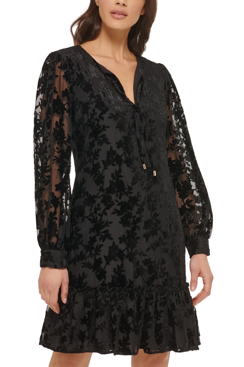 Velvet Burnout Long Sleeve Dress, Alternate, color, BLACK