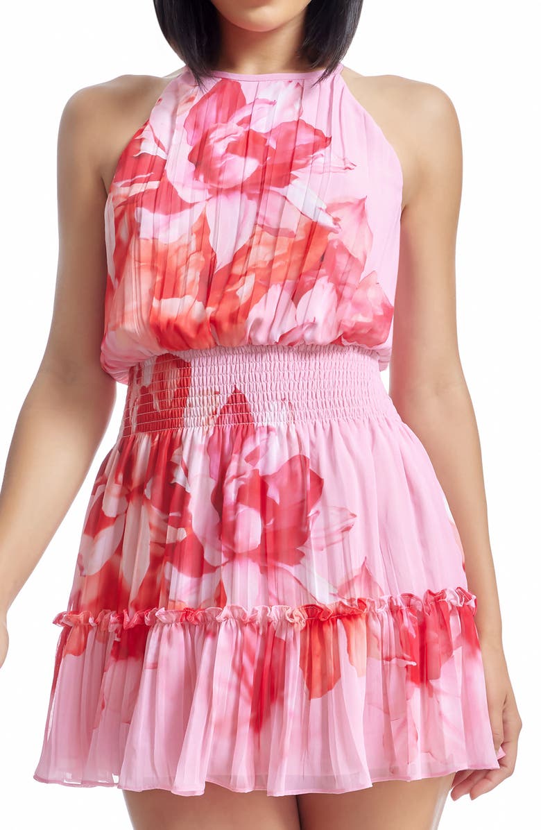 Dress the Population Kaylee Floral Plissé Cocktail Minidress, Alternate, color, Blush Multi