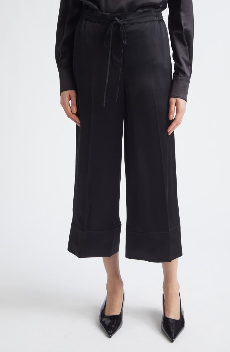 TOTEME Satin Drawstring Wide Leg Pants, Main, color, Black