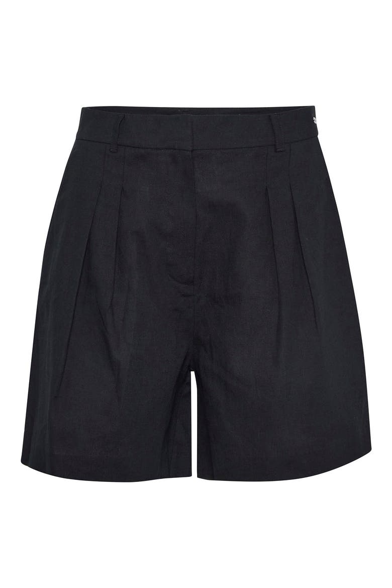 Luna Pleated Cotton & Linen Shorts, Alternate, color, BLACK