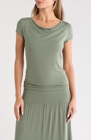 Renee C Solid Cowl Neck Cap Sleeve T-shirt In Green
