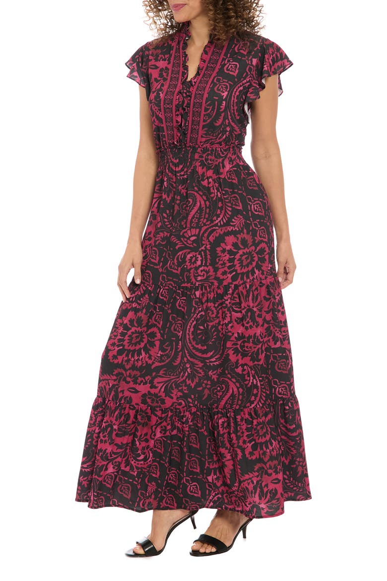 Ruffle Flutter Sleeve Tiered Maxi Dress, Alternate, color, BERRY/ BLACK