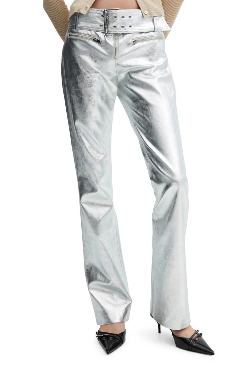 Belted Metallic Faux Leather Pants, Main, color, SILVER