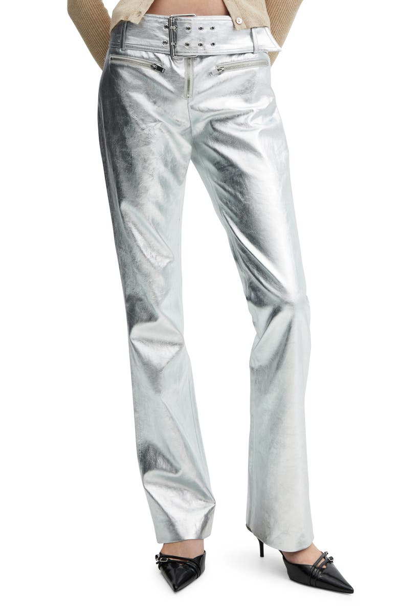 MANGO Belted Metallic Faux Leather Pants, Main, color, 