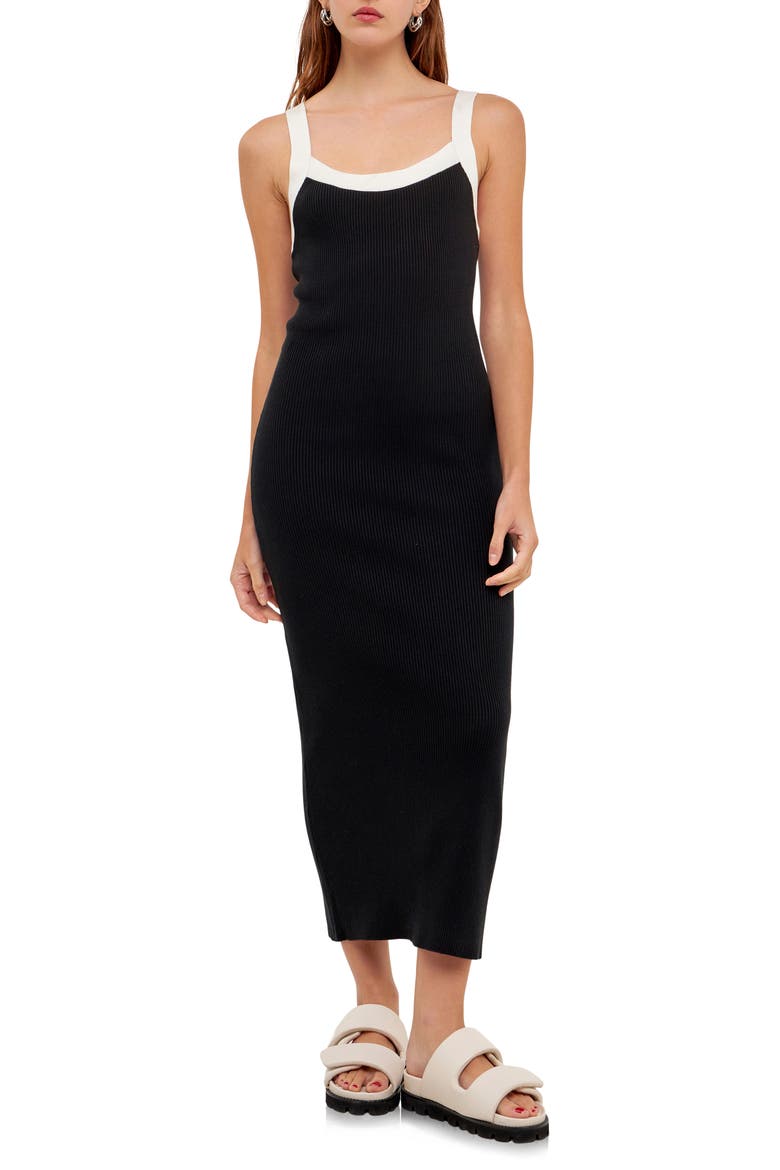 Square Neck Sleeveless Ribbed Midi Dress, Main, color, BLACK/ WHITE