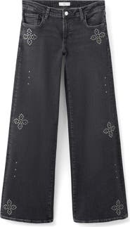 MANGO TEEN Studded Low Rise Wide Leg Jeans