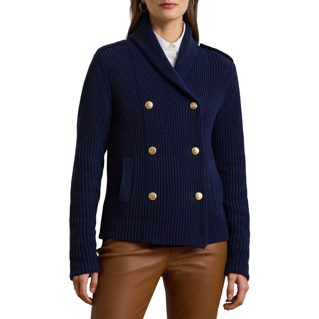 Shop Ralph Lauren Lauren Wilmat Double Breasted Cotton Cardigan In Refined Navy