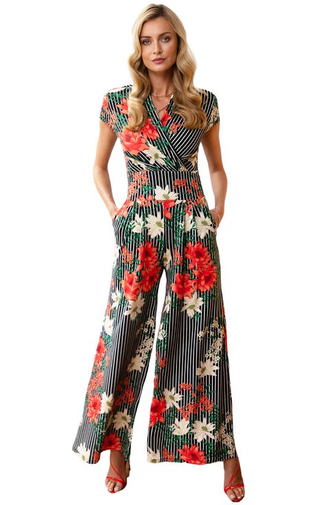 Striped Floral Wide Leg Jumpsuit