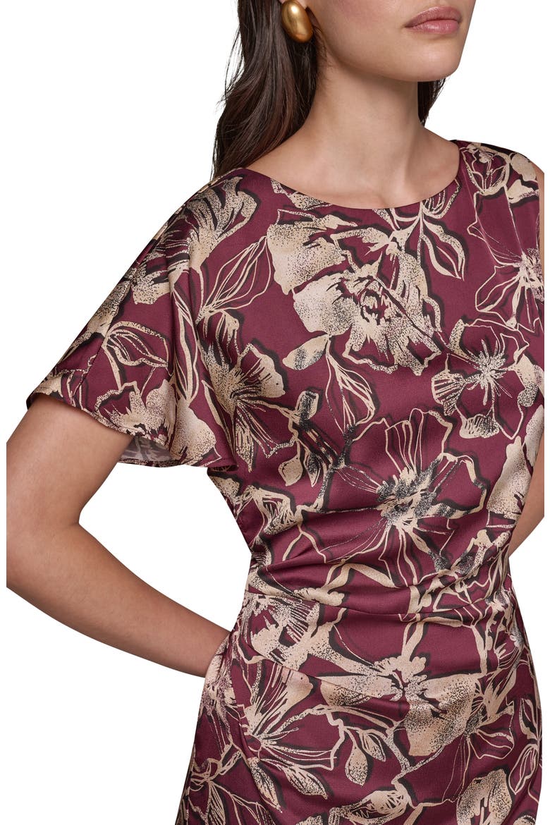 Floral Asymmetrical Sleeve Midi Dress, Alternate, color, BLACK/ CHERRY